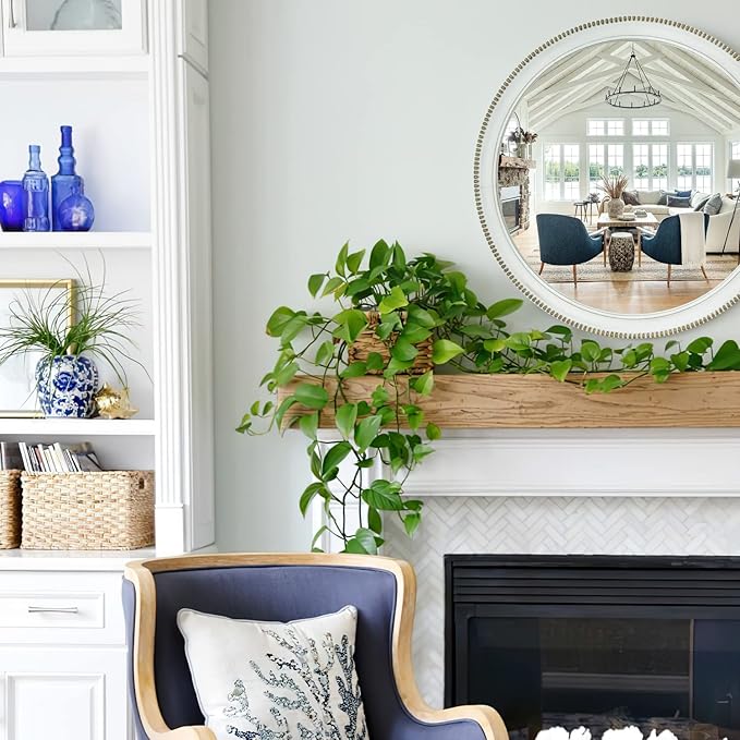sawsile Round Wood Mirror,32 inch Circle Rustic Farmhouse White Wooden Frame Boho Beads Wall Mirror for Bathroom,Living Room,Bedroom or Entryway