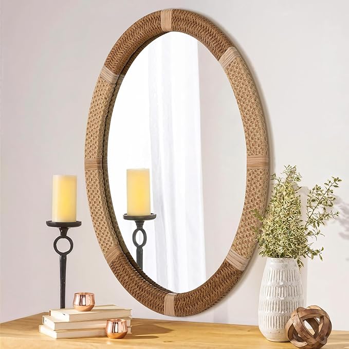 ULIKE Boho Oval Rattan Mirror, 22x30 Inch Rustic Farmhouse Wall Decor with Wicker Frame, Rattan Mirror for Nursery Bathroom Bedroom Living Room Entryway