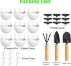Hanging Planters, Set of 9 White Hanging Pots, 8" Hanging Flower Pots, Plant Pots with Drainage Plugs, Water Barrier and Chains, Come with Free Mini Garden Tools Set