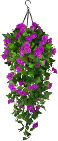 Artificial Fake Hanging Flowers Plants Basket for Spring Outdoor Outside Decoration, UV Resistant Faux Plastic Fabric Flower Morning Glory Wisteria Petunia for Garden Porch Patio Balcony Yard Decor