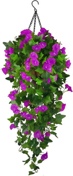 Artificial Fake Hanging Flowers Plants Basket for Spring Outdoor Outside Decoration, UV Resistant Faux Plastic Fabric Flower Morning Glory Wisteria Petunia for Garden Porch Patio Balcony Yard Decor