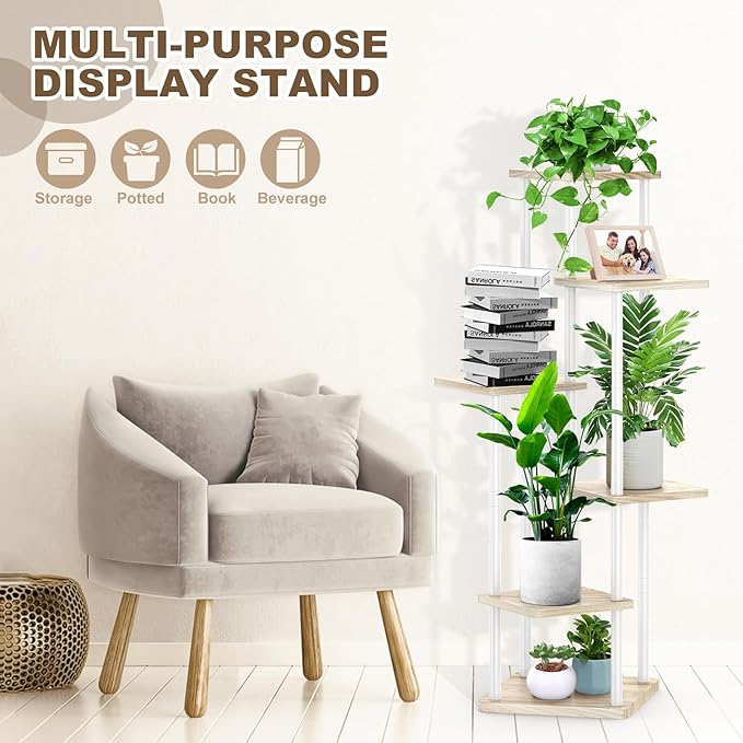 6 Tier Plant Stand Indoor, Thickened Metal Wood Corner Plant Shelf Stands for Multiple Plants, Indoor Tall Plants Stand Tiered Flower Holder for Living Room Patio Garden Balcony(White+Oak)