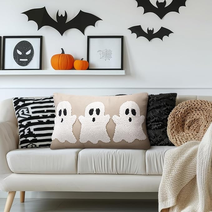 Mixweer Halloween Ghost Embroidery Decorative Pillow Covers 12 x 20 Inch, 3D Neutral Tufted Embroidery Spooky Ghost Cushion Pillow Case for Couch Home Living Room Bed Decor