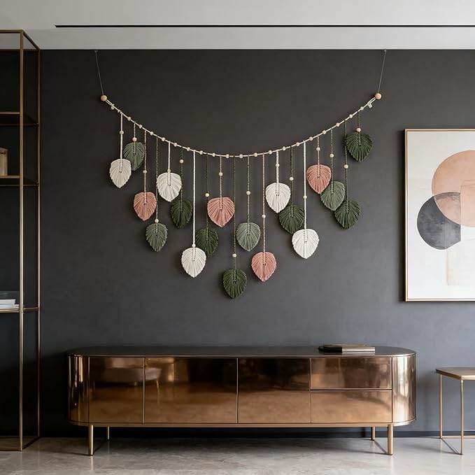 Macrame Leaves Wall Hanging 57x29.5Inch Large Chic Feather Boho Macrame Wall Decor Leaf Hanging Photo Display Handmade Woven Wall Art 19pcs Leaf Tapestry - Pink Green (Pink Green - 57*29.5in)