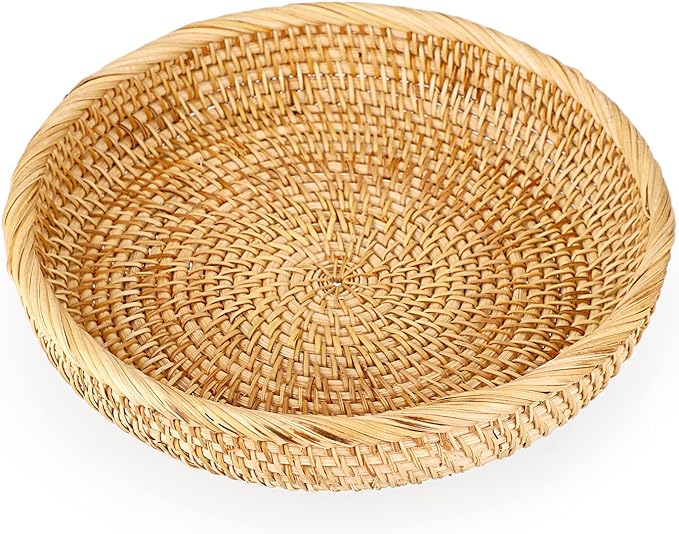 Hipiwe Small Round Keys Basket Bowl for Entryway 8.6" Hand-woven Wicker Storage Basket Rattan Decorative Basket Fruit Candy Cake Food Serving Baskets Tray for Keys, Wallet, Cell Phone