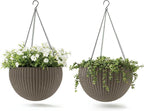 Keter Resin Rattan Set of 2 Round Hanging Planter Baskets for Indoor and Outdoor Plants-Perfect for Porches and Patio Decor, Cappuccino