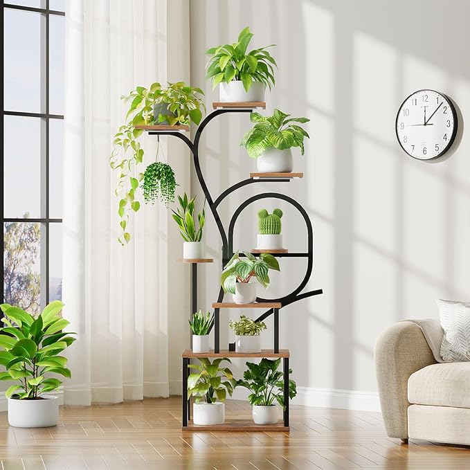 Plant Stand Indoor with Grow Lights - 60" Tall Plant Shelf, Indoor Plant Lighting Stands, 8 Tiered Flower Holder, S-Shaped Decorative Rack for Living Room, Rustic Brown and Black PSHR170E01