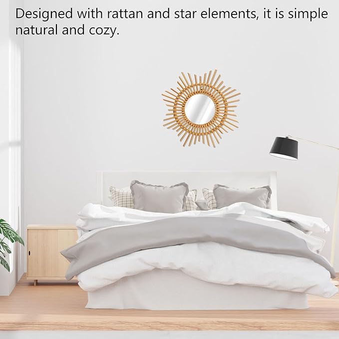 Tissting Natural Rattan Hanging Mirror,13.8 x 4.7in Boho Wall Mounted Mirror Star Shape Bohemian Hanging Glass Makeup Mirror Rustic Art Decoration Handwoven Mirror for Bedroom Living Room Hallway