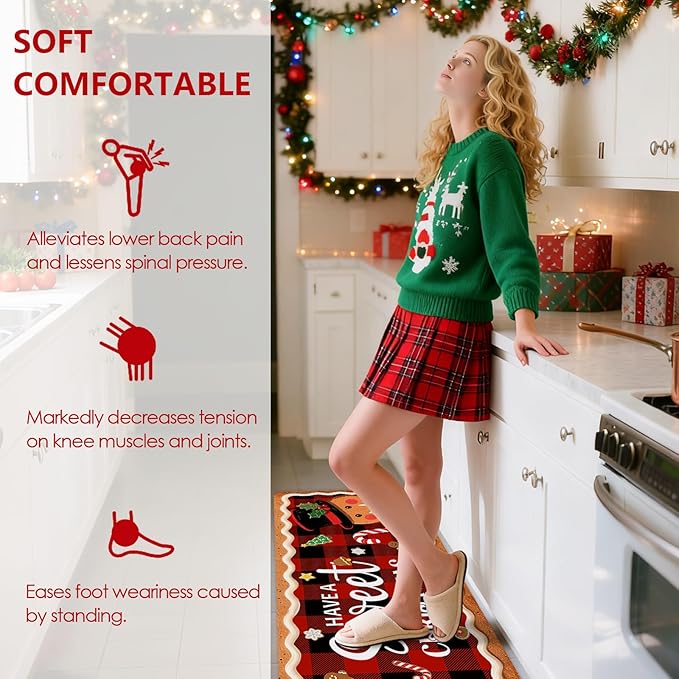 Christmas Rugs for Kitchen Floor, Gingerbread Man Mats for Kitchen Floor Non Slip, 2PCS Rubber Kitchen Mat, Washable Cushioned Runner Carpet Rug for Sink Laundry 15.7"×27.5" +15.7"×47" Red 3.5mm