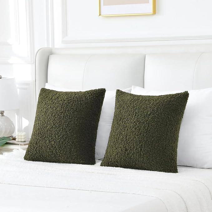 FUTEI Olive Green Throw Pillow Covers 20x20 Inch Set of 2,Furry Faux Fur Teddy Boucle Textured Cushion Covers,Soft Fluffy Decorative Pillow Case,Home Decor for Couch Bed Living Room Office Car