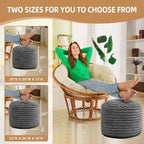Round Stuffed Pouf Ottoman Foot Rest for Couch Round Ottoman with Foam Chunk Filling Stripe Faux Fur Ottomans for Living Room Floor (26"x18",Dark Grey)