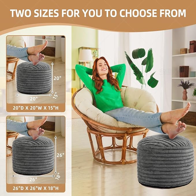 Round Stuffed Pouf Ottoman Foot Rest for Couch Round Ottoman with Foam Chunk Filling Stripe Faux Fur Ottomans for Living Room Floor (26"x18",Dark Grey)