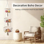 3-Tier Macrame Hanging Basket - Cotton Rope Fruit & Vegetable Storage Organizer, Boho Decor Kitchen Hanging Baskets with Hooks, Decorative Plant Holder for Home, Farmhouse, Grocery (Natural, 12")