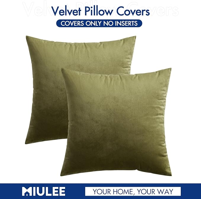 MIULEE Pack of 2 Olive Green Pillow Covers 18x18 Inch Decorative Velvet Throw Pillow Covers Modern Soft Couch Throw Pillows Farmhouse Home Decor for Spring Sofa Bedroom Living Room