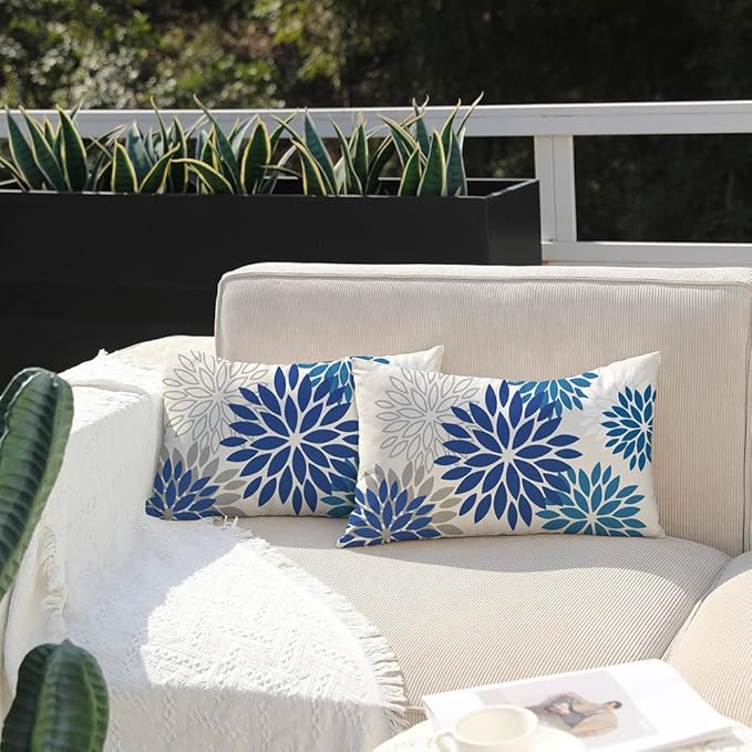 DFXSZ Blue Flower Pillow Covers 12x20 Inch Set of 2 Dark and Light Blue Colored Pillow Outdoor Waterproof Decor for Patio Funiture Garden Summer Floral Square Polyester pillowcovers 002E12
