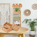 3 Set Rustic Water Hyacinth Storage Baskets - Rectangular Wicker Set for Organizing, Decorating, Bathroom, Living Room, Dining Room
