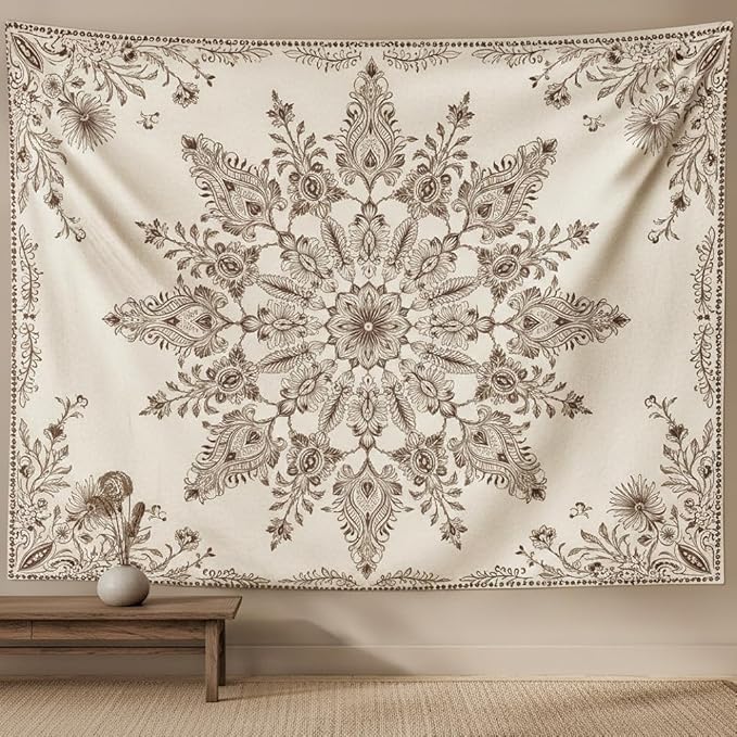 Accnicc Boho Floral Mandala Tapestry Wall Hanging Bohemian Beige Flower Tapestry Aesthetic Hippie Indian Small Tapestries for Bedroom Living Room Dorm Decor 48 x 36 Inch