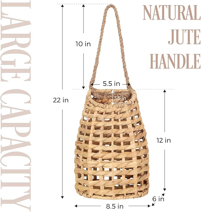 Natural Handwoven Wall Hanging Water Hyacinth Basket for Front Door Flowers & Home Decor – Handwoven Wicker Wall Baskets with Loop Handle – Decorative Organizer for Entryway Mail and Seasonal Display