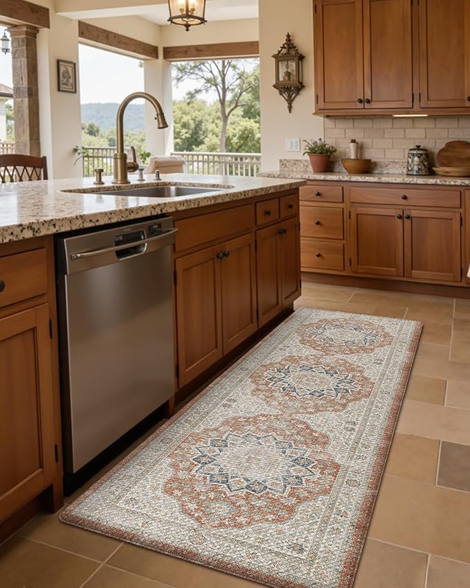 DEXI Kitchen Floor Mats Anti Fatigue, 17x59 Cushioned Vintage Runner Rug Waterproof, Standing Comfort Memory Foam Padded for Front Sink Laundry Office, Orange and White