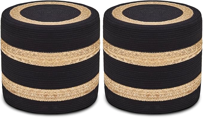 Wimarsbon 2Pcs Pouf Ottomans, Natural Seagrass Foot Stool, Hand Weaving Round Ottoman, Boho Decorative Seat, Jute Braided Pouffe Poof Accent Sitting Footrest for Living Room (18inch 68LH)