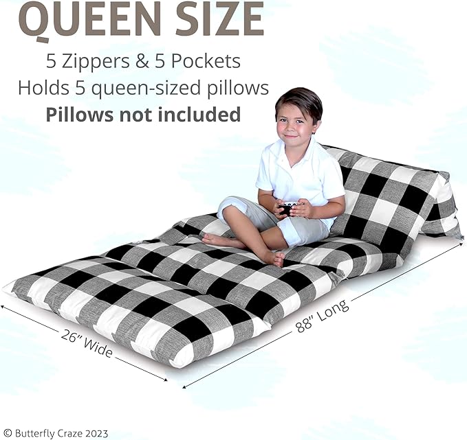 Butterfly Craze Floor Pillow Case, Mattress Bed Lounger Cover, Black/White, Queen Size - Cozy Seating Solution for Kids & Adults, Recliner Cushion, for Reading, TV Time (Pillow Not Included)