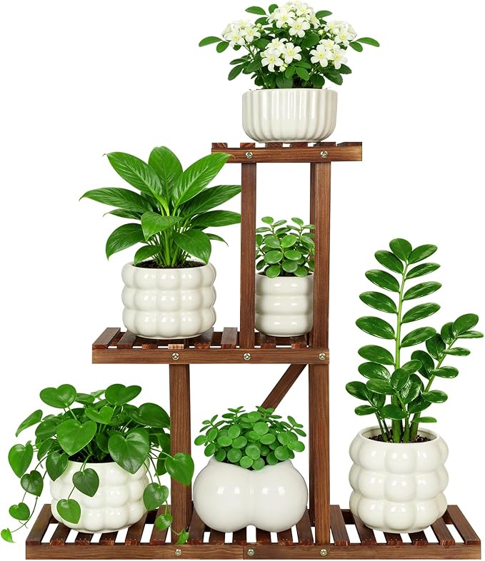 3 Tiered Narrow Wooden Indoor Plant Stand Shelf for Multiple Plants ,Flower Stand Shelf Outdoor ,Floor Standing Plant Holder Rack for Living Room Patio Porch Garden Apartment Office,Rustic,Space Saver