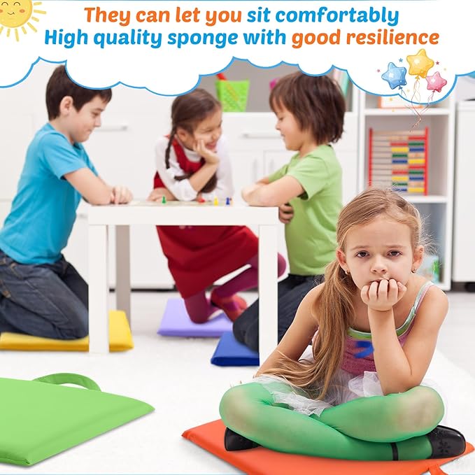 Suzile 12 Pcs 12'' Square Floor Cushions for Kids Classroom Flexible Floor Seating Elementary with Handles Classroom Carpet Cushions for Adults Toddlers Daycare Preschool School(Bright Color)