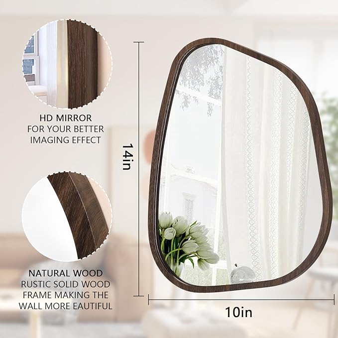 Asymmetrical Wall Mirror Irregular Wood Frame Modern Unique Wall-Mounted Artistic Wavy Mirror Decor Bathroom Vanity Bedroom Living Room Entryway Hallway 14"x10"