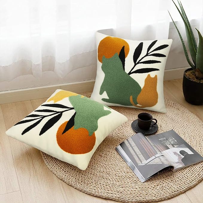 JASEN Boho Textured Throw Pillow Covers 18x18 Cute Absract Cat Tufted Pillow Covers Aesthetic Decorations Cushion Case for Bed Couch Sofa Home Decor（Only 1 Pillow Cover）