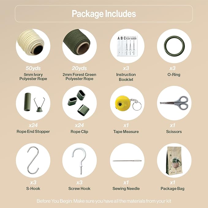 Macrame Kits for Beginners, 3 Set of Plant Hangers DIY Kit: Braided Polyester Ropes 50yds*5mm Ivory, 20yds*2mm Forest Green, 60+Pcs Supplies with Step-by-Step Easy Instructions (IVGR)