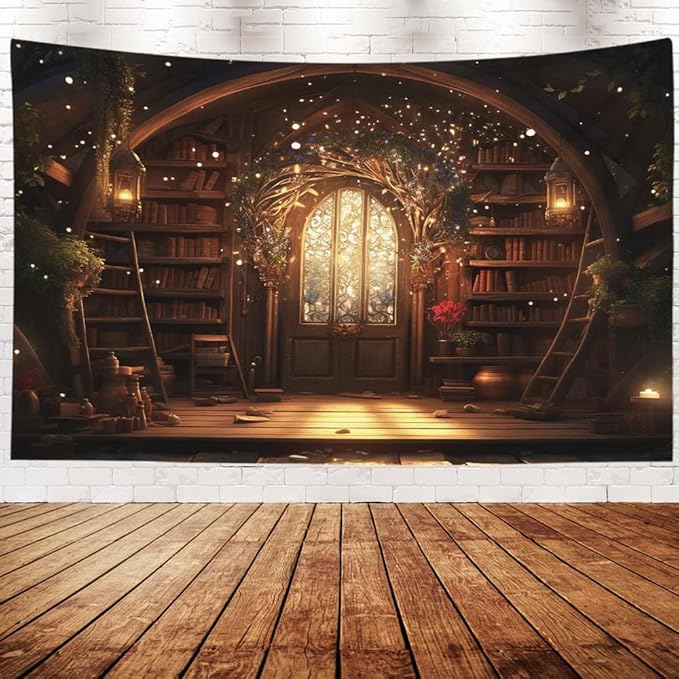 EMMTEEY Magic Library Tapestry for Men 92.5X70.9 Inch - Bookshelf Bathroom Wall Decor Medieval Gothic Backdrop for Students Women