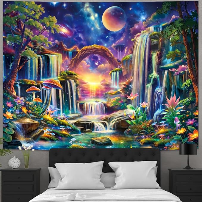 Huzuya Blacklight Fantasy Forest Tapestry Neon Waterfall Tapestries UV Reactive Galaxy Space Tapestry Colorful Floral Plants Tapestries Wall Hanging Backdrop Room Decor for Bedroom