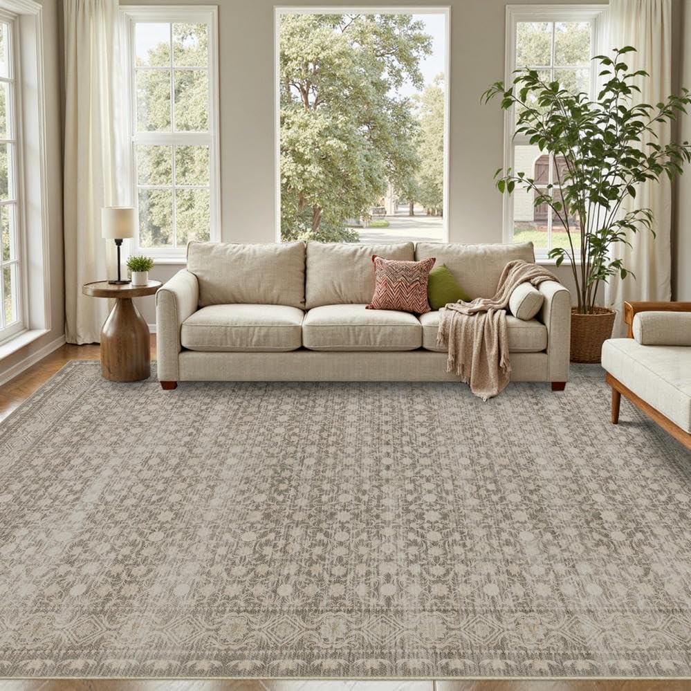 8x10 Washable Area Rug for Living Room, Extra Large Neutral Vintage Boho Rugs for Dining Room, Kids Room, Farmhouse, Durable Low Pile Non Slip Carpet for High Traffic Areas, Apricot - color: Apricot, size: 8' x 10' (Rectangular)