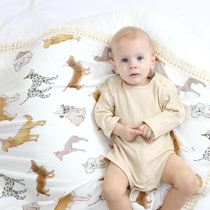 insular Cotton Muslin Baby Blanket with Tassel, Boho Bohemian Muslin Swaddle Blanket Baby Receiving Blanket with Fringe, Nursery Decor Throw or Nursing Blankets, 47" x40”, Party Dogs