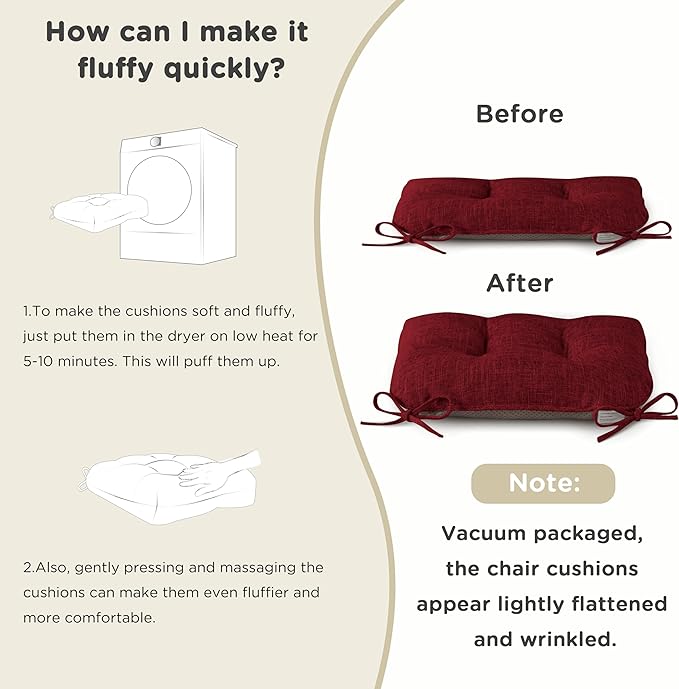 AddGrace Chair Cushions for Dining Chairs Set of 1 Kitchen Seat Cushions with Ties and Non Slip Backing Tufted Indoor Seat Pad for Kitchen Dining Room 18" x 17" x 3" Burgundy