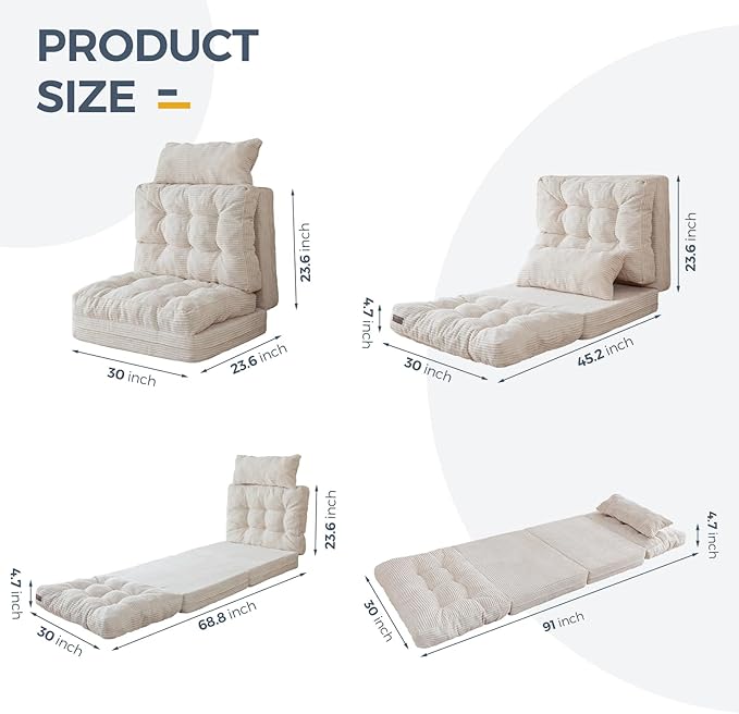 MAXYOYO Folding Sofa Bed, Tufted Bean Bag Bed with Pillows Floor Mattress for Adults, Extra Thick and Long Floor Sofa, Single Couch Bed for Bedroom Living Room, Beige, 30x91 Inch