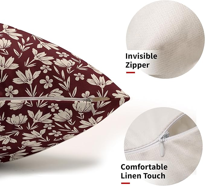 Burgundy Pillow Covers 12x20 Set of 2 Vintage Floral Rustic Old Style Cute Flower Print Rectangle Decorative Outdoor Pillowcases Seasonal Farmhouse Throw Cushion Case Couch Sofa Bed Decor