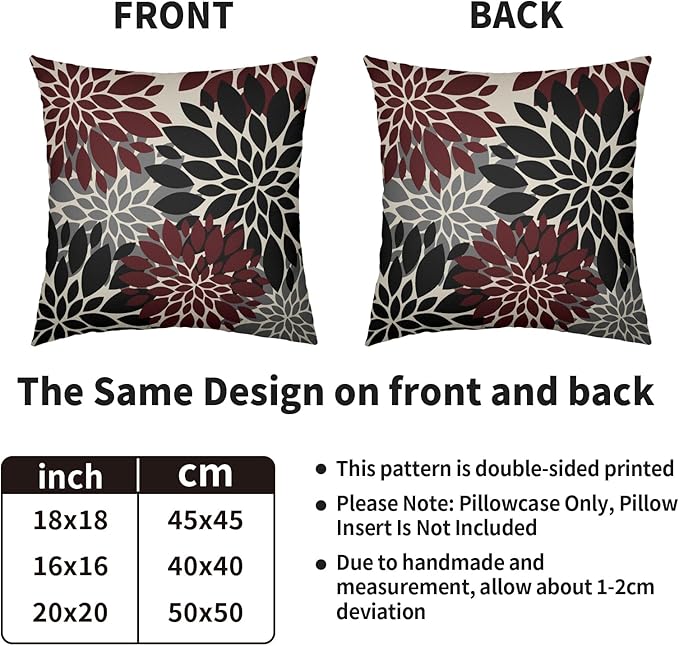 Black Burgundy Pillow Covers 24X24 Inch Set of 2, Spring Summer Floral Dahlia Flower Cream Decorative Throw Pillow Covers Outdoor Modern Farmhouse Cushion Case for Home Couch Sofa Bed Decor