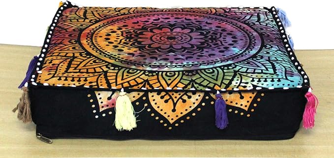 ICC Large Square Cotton Mandala Cushion Cover Hippie Ottoman Pouf Cover Daybed Floor Pillow Cover with Heavy Duty Zipper Seating Ottoman Poufs Dog-Pets Bed (Multi Flower, 18" Square)