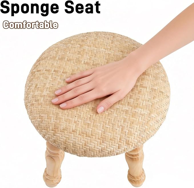 Round Foot Stool, Small Pouf Ottoman with Natural Rattan, Boho Footrest Wooden Stool for Couch, Step Stool for Living Room Bedroom Entryway Hallway Patio