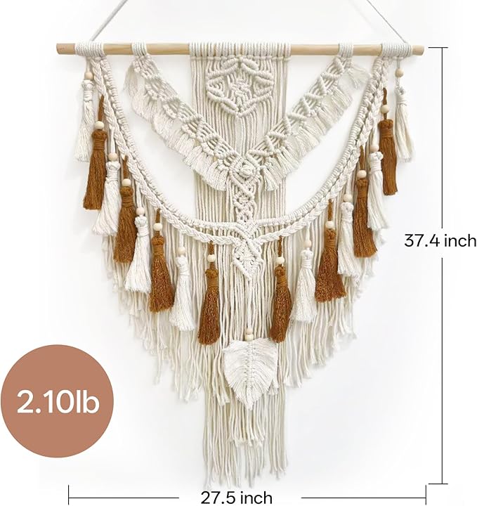 lokeisna Macrame Wall Hanging, Woven Tapestry Beige & Dusty Rose Handmade Craft Macrame Wall Room Decor, Gallery & Nursery, Size 37.4” Lx27.5” W