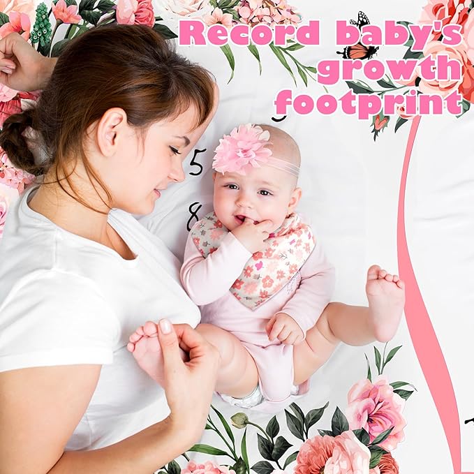 Chumia 6 Pcs Baby Monthly Milestone Blanket for Girl 60" x 40" Butterfly Milestone Blanket Age Photo Photography Backdrop with Newborn Calendar Growth Chart Bib Headband(Pink,Cute Pattern)