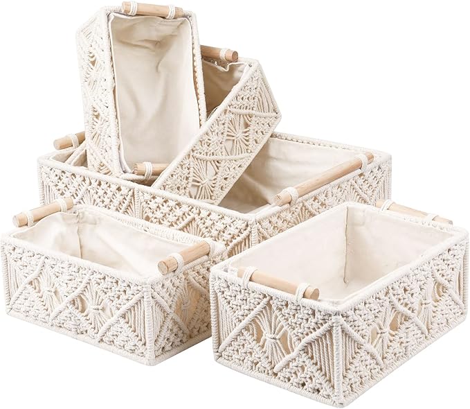 ANMINY 5PCS Macrame Storage Baskets for Organizing Boho Decor Baskets Storage Bins with Wood Handles Handmade Decorative Storage Boxes with Removable Liner Toilet Tank Bathroom Self Basket Organizer