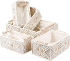 ANMINY 5PCS Macrame Storage Baskets for Organizing Boho Decor Baskets Storage Bins with Wood Handles Handmade Decorative Storage Boxes with Removable Liner Toilet Tank Bathroom Self Basket Organizer