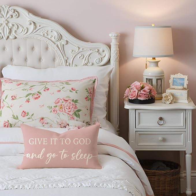 Dusty Rose Pink Throw Pillow Covers 12x20 Inch Set of 2 – Christian Gifts for Mom or Daughter – Relax God’s Got This/Give It to God and Go to Sleep – Bedroom Faith Decor