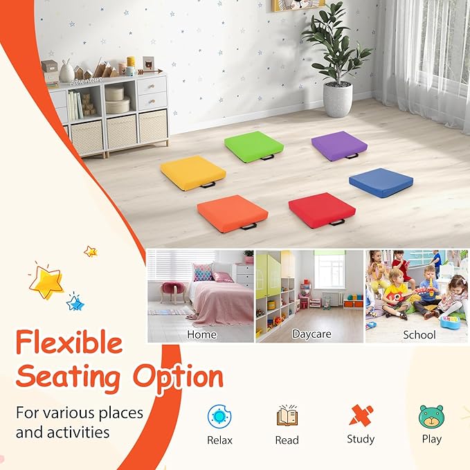 Costzon 6-Piece 16 inch Kids Floor Cushion, 2.5" Thick Waterproof Daycare Preschool Square Foam Cushion with Handle for Toddlers, Soft Flexible Seating for Classroom, Home, Kindergarten or Nursery