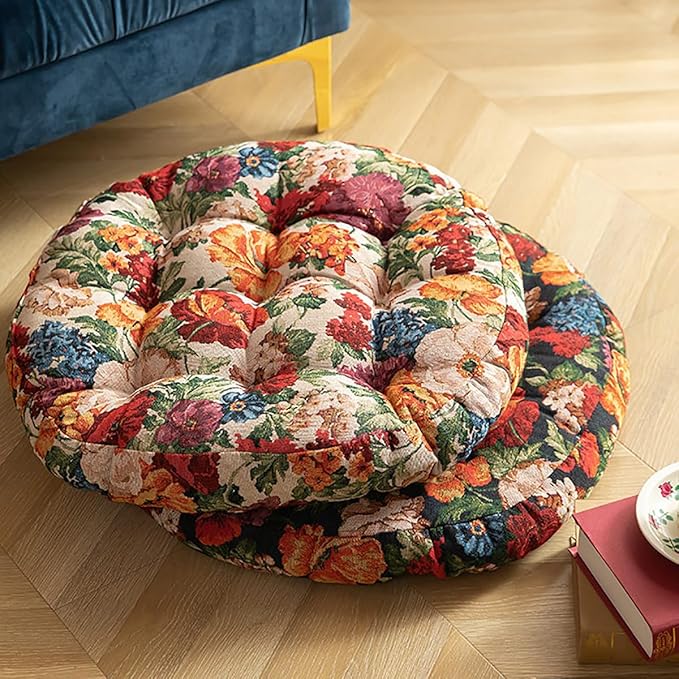 Round Bohemian Floor Pillow, Meditation Floor Seat Cushion, Large Soft Cotton Linen Pillows for Yoga Living Room Balcony Outdoor Tatami, 22x22 Inches (Yellow Round)