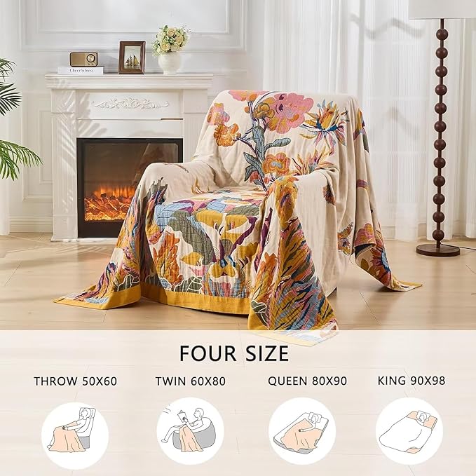 Boho Throw Blanket Farmhouse Decor Throw Blanket Bohemian Blanket for Bed 100% Cotton Muslin Woven Couch Blanket All Seasons Quilt Bedroom (Yellow, 80"x90")