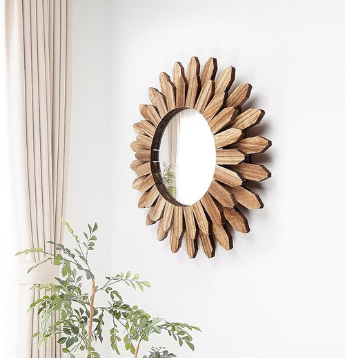 12 Inch Wall Mirror, Boho Wall Decor, Rustic Wood Mirror, Boho Mirror for Wall Art Bedroom Living Room Bathroom House Warming Gifts New Home(Carbonized Black)