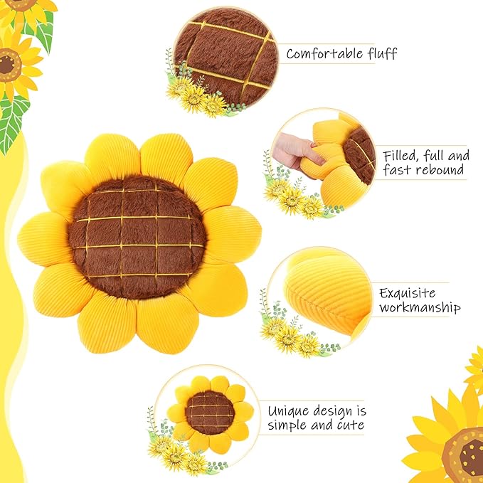 Coume 2 Pieces 3D Sunflower Flower Floor Pillow Seating Cushion Mat Sunflower Shaped Throw Pillow Yellow Chair Pads Decorative Plush for Bed Car Chair Sofa Office Gifts(15 Inch)